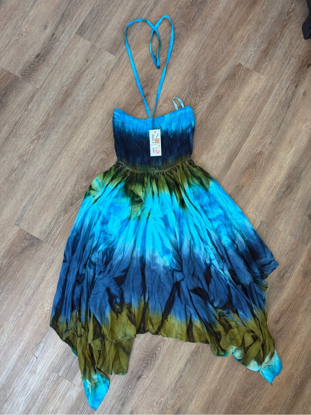 Tie-Dye Asymmetrical Halter Dress in Blue & Green